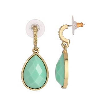 1928 Gold Tone Blue Faceted Pear-Shape Drop Earrings