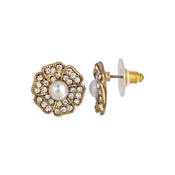 1928 Gold-Tone Crystal Faux Pearl Flower Button Earrings