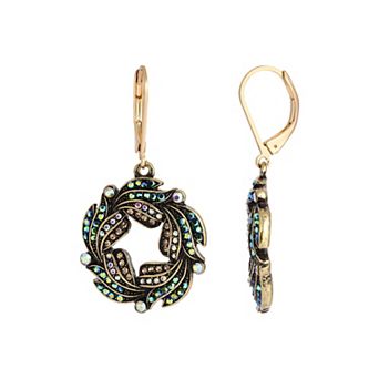 1928 Gold Tone Blue Aurora Borealis Glass Stone Wreath Earrings