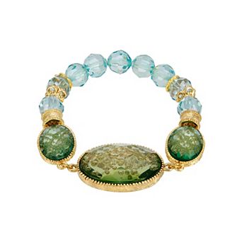 1928 Gold Tone Light Aqua Oval Faceted Stretch Bracelet