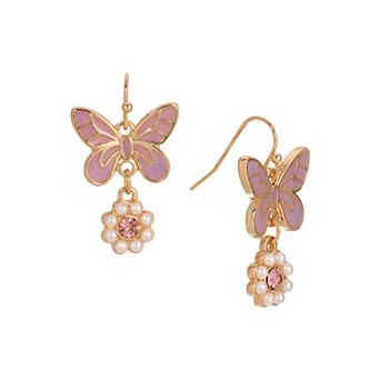 1928 Gold Tone Pink Butterfly Faux Pearl Drop Earrings