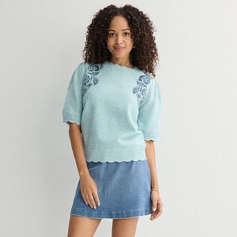 Women's Farmers Market Short Sleeve Embroidered Sweater