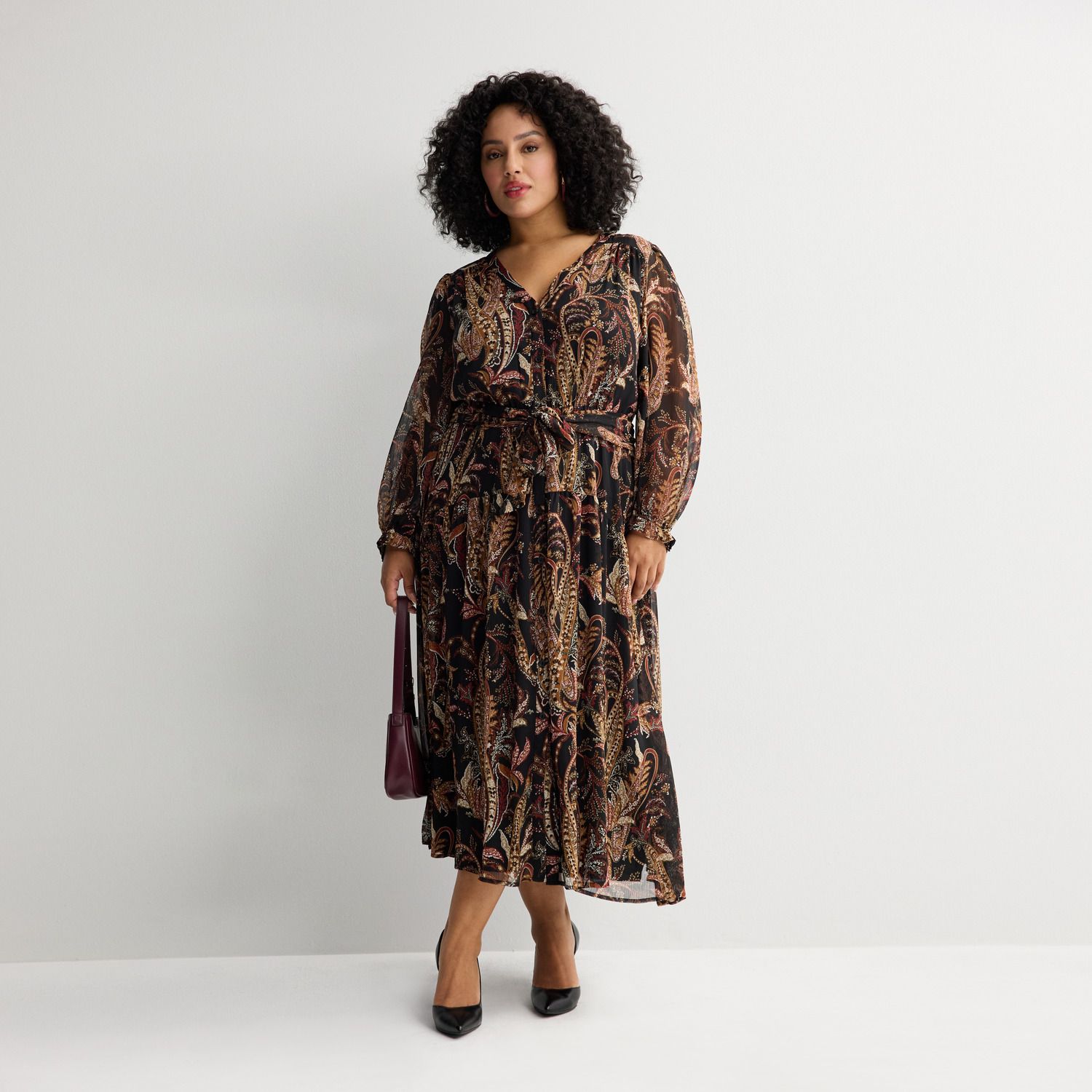 Женские платья Plus Size Nine West Long Sleeve Button Front Maxi, цвет: Чёрный
