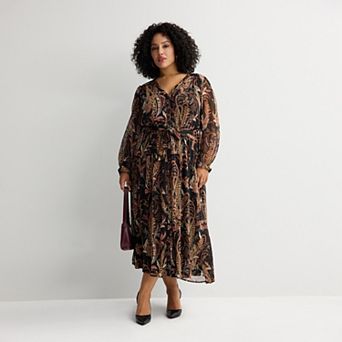 Plus Size Nine West Long Sleeve Button Front Maxi Dress