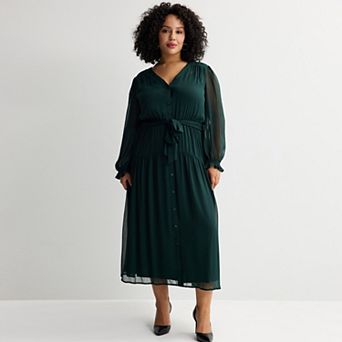 Plus Size Nine West Long Sleeve Button Front Maxi Dress
