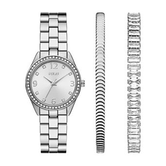 Folio Women's Silver Tone Simulated Crystal Round Watch & Bracelet Set - FMDKSET180