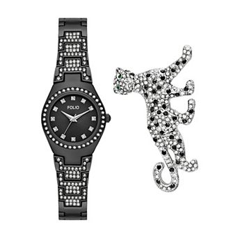 Folio Women's Simulated Crystal Watch & Cat Pin Box Set - FMDKSET182