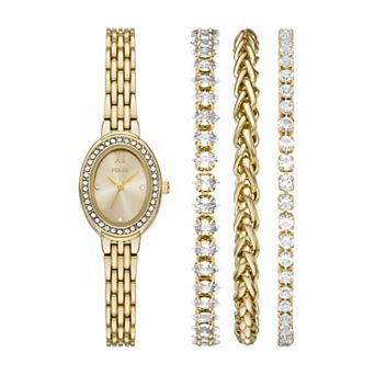 Folio Women's Gold Tone Simulated Crystal Oval Dainty Watch & Bracelet Set - FMDKSET189