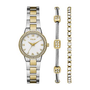 Folio Women's Alloy Simulated Crystal Polished Watch & Bracelet Box Set - FMDKSET166