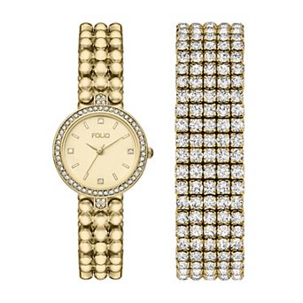 Folio Women's Alloy Simulated Crystal Polished T-Bar Watch & Bracelet Box Set - FMDKSET170