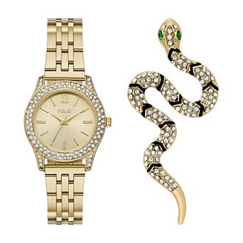 Folio Women's 32mm Gold Tone Simulated Crystal Watch & Snake Pin Set
