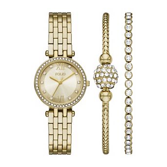 Folio Women's Simulated Crystal Polished Round T-Bar Watch & Bracelet Set - FMDKSET17
