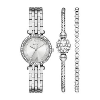 Folio Women's Simulated Crystal Polished Round T-Bar Watch & Bracelet Set - FMDKSET17