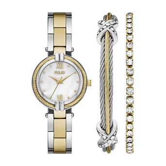 Folio Women's Alloy Polished Two-Tone T-Bar Watch & Bracelet Box Set - FMDKSET167