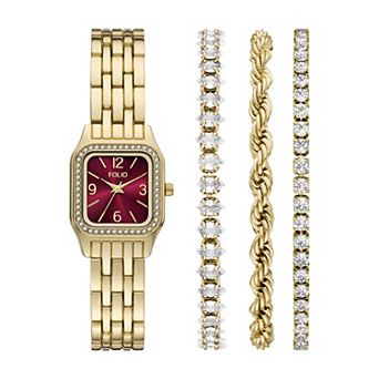 Folio Women's Gold Tone Simulated Crystal Square Watch & Bracelet Set - FMDKSET187