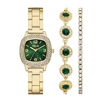 Folio Women's Alloy Simulated Crystal Polished Cushion Watch & Bracelet Box Set - FMDKSET17