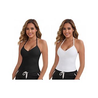 2 Packs Women's Halter Neck Wireless Padded Tank Top Adjustable Spaghetti Straps Cropped Camisoles