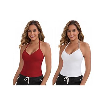 2 Packs Women's Halter Neck Wireless Padded Tank Top Adjustable Spaghetti Straps Cropped Camisoles