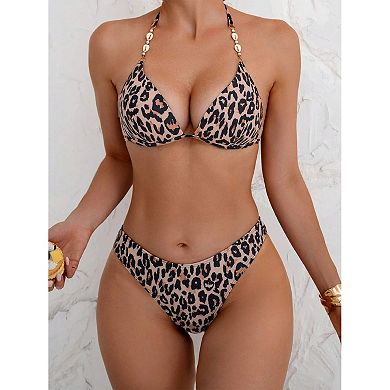 Women's Leopard Print Halter Bikini Set - Shell Strap Two Piece Swimsuit