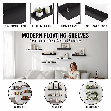 Floating Wood Shelves Set of 6 Wall Mounted Decor Storage for Home Rooms