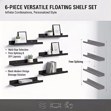 Floating Wood Shelves Set of 6 Wall Mounted Decor Storage for Home Rooms