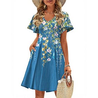 Zeagoo Women's V Neck Mini Swing Dress Floral Ruffle Short Sleeve Beach Party Dress
