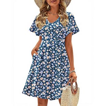 Zeagoo Women's V Neck Mini Swing Dress Floral Ruffle Short Sleeve Beach Party Dress