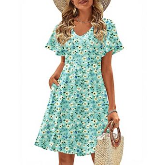 Zeagoo Women's V Neck Mini Swing Dress Floral Ruffle Short Sleeve Beach Party Dress