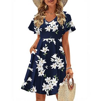 Zeagoo Women's V Neck Mini Swing Dress Floral Ruffle Short Sleeve Beach Party Dress