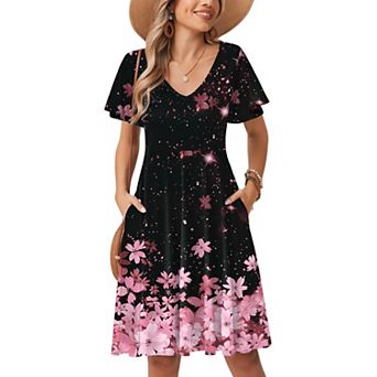 Zeagoo Women's V Neck Mini Swing Dress Floral Ruffle Short Sleeve Beach Party Dress