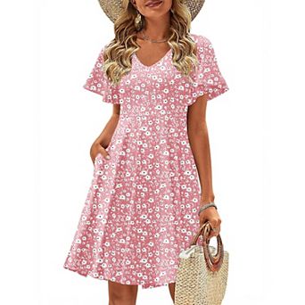 Zeagoo Women's V Neck Mini Swing Dress Floral Ruffle Short Sleeve Beach Party Dress
