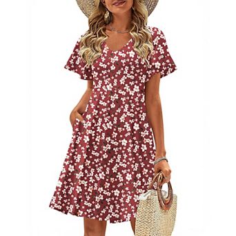Zeagoo Women's V Neck Mini Swing Dress Floral Ruffle Short Sleeve Beach Party Dress