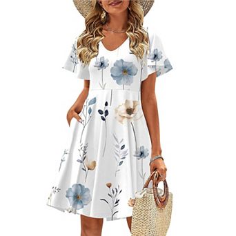 Zeagoo Women's V Neck Mini Swing Dress Floral Ruffle Short Sleeve Beach Party Dress