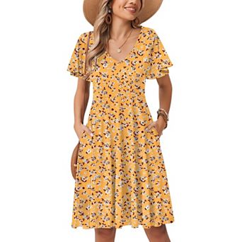 Zeagoo Women's V Neck Mini Swing Dress Floral Ruffle Short Sleeve Beach Party Dress