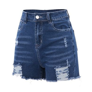 Women’s High Waisted Stretchy Distressed Denim Shorts with Frayed Raw Hem Casual Fit