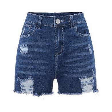 Women’s High Waisted Stretchy Distressed Denim Shorts with Frayed Raw Hem Casual Fit
