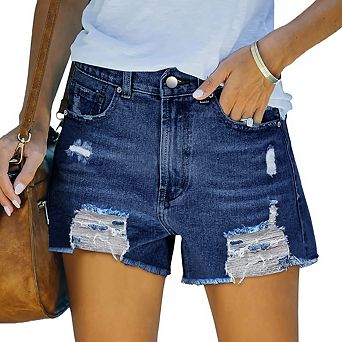 Women’s High Waisted Stretchy Distressed Denim Shorts with Frayed Raw Hem Casual Fit
