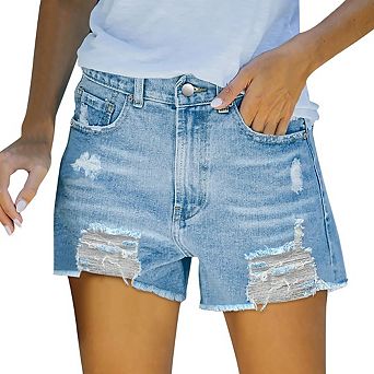 Women’s High Waisted Stretchy Distressed Denim Shorts with Frayed Raw Hem Casual Fit
