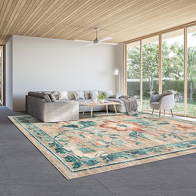 Retro Botanical Polyester Area Rug Floral Patterned Stylish Floor Decor for Living Room, Bedroom