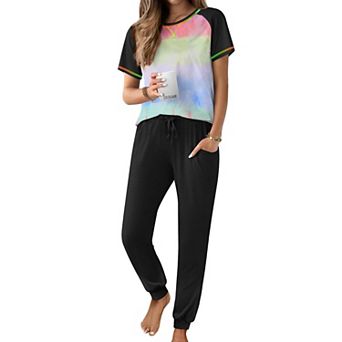 Ekouaer Womens Jogger Pajamas Sets 2 pc Raglan Short Sleeve Pjs Lounge Set Soft Sleepwear