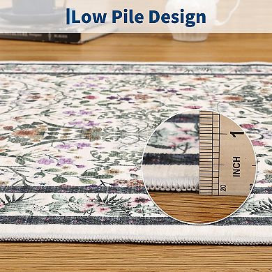 Floral Low-Pile Washable Rug Foldable, Non-Slip Carpet for Bedroom & Entry