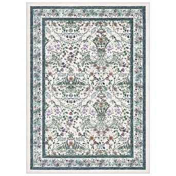 Floral Low-Pile Washable Rug Foldable, Non-Slip Carpet for Bedroom & Entry