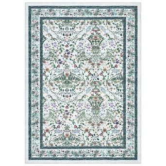 Floral Low-Pile Washable Rug Foldable, Non-Slip Carpet for Bedroom & Entry