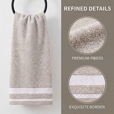 2 Pack Pure Cotton Hand Towels with Textured Stripe Border, Soft Quick Drying Towel Set 13" x 29"