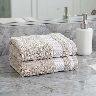 2 Pack Pure Cotton Hand Towels with Textured Stripe Border, Soft Quick Drying Towel Set 13" x 29"