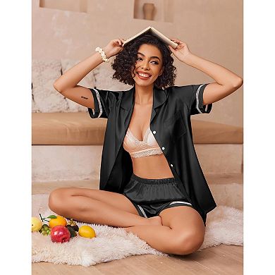 Ekouaer Womens Silk Pajama Sets Button Up Pjs Short Sleeve 2 Pc Pj Sets