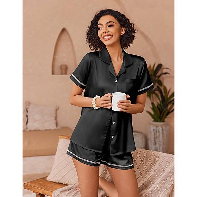 Ekouaer Womens Silk Pajama Sets Button Up Pjs Short Sleeve 2 Pc Pj Sets