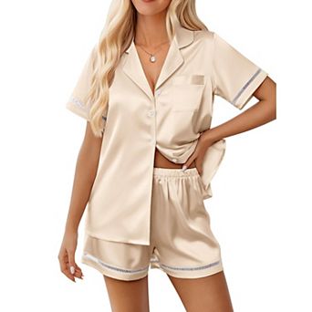 Ekouaer Womens Silk Pajama Sets Button Up Pjs Short Sleeve 2 pc Pj Sets