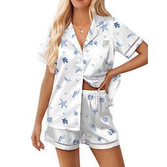 Ekouaer Womens Silk Pajama Sets Button Up Pjs Short Sleeve 2 pc Pj Sets