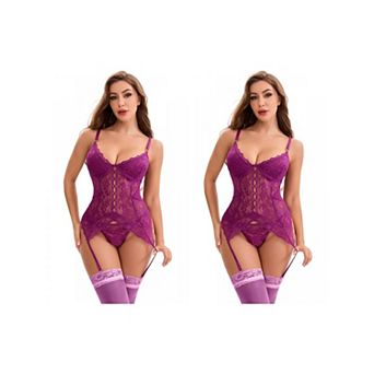 2 Packs Women's Lace Mesh Lingerie Set Push-Up Hourglass Corset Adjustable Thigh Straps Garter Belt